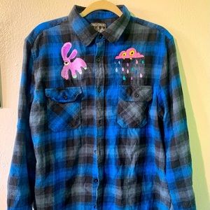 Blue Large Flannel with Embroidered Creatures